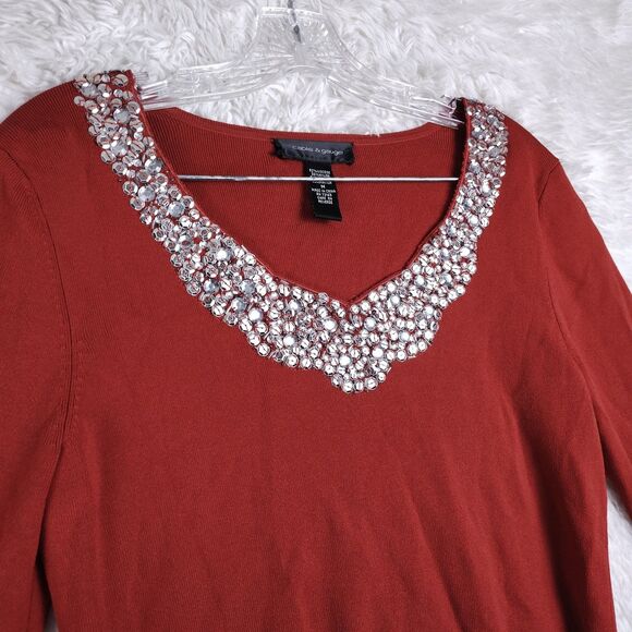 Cable & Gauge M Red Embellished Scoop Neck Stretch Top Rhinestone Holiday - Picture 2 of 6